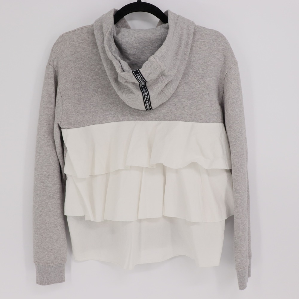 Karl Lagerfeld Women's Size XS Gray Hoodie Sweatshirt Ruffle Trim Casual - Picture 5 of 5